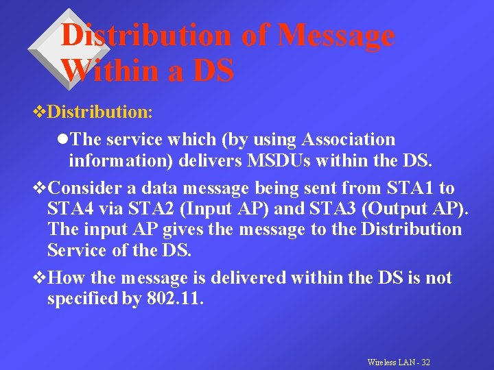 Distribution of Message Within a DS v. Distribution: l. The service which (by using