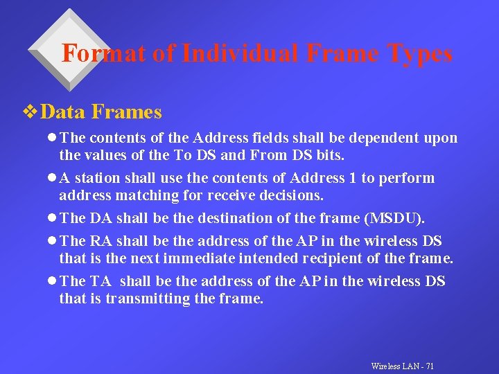 Format of Individual Frame Types v. Data Frames l The contents of the Address