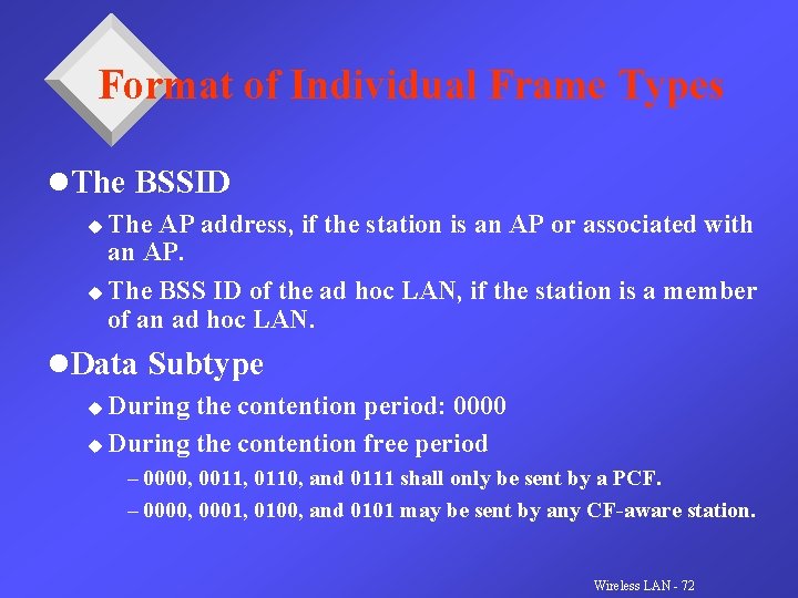 Format of Individual Frame Types l. The BSSID The AP address, if the station