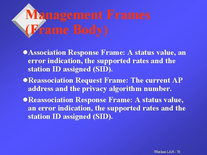 Management Frames (Frame Body) l. Association Response Frame: A status value, an error indication,