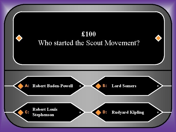 £ 100 Who started the Scout Movement? A: Robert Baden-Powell C: Robert Louis Stephenson