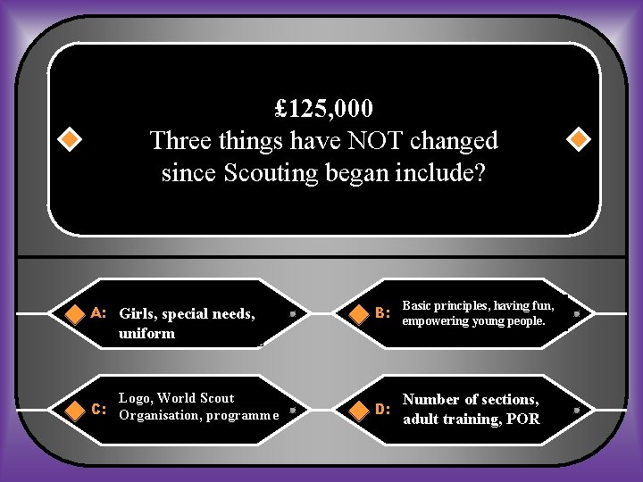 £ 125, 000 Three things have NOT changed since Scouting began include? A: Girls,