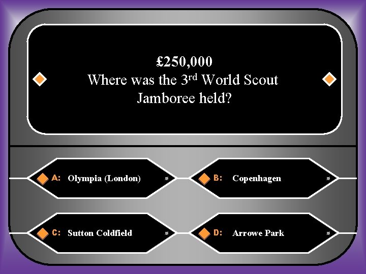 £ 250, 000 Where was the 3 rd World Scout Jamboree held? A: Olympia