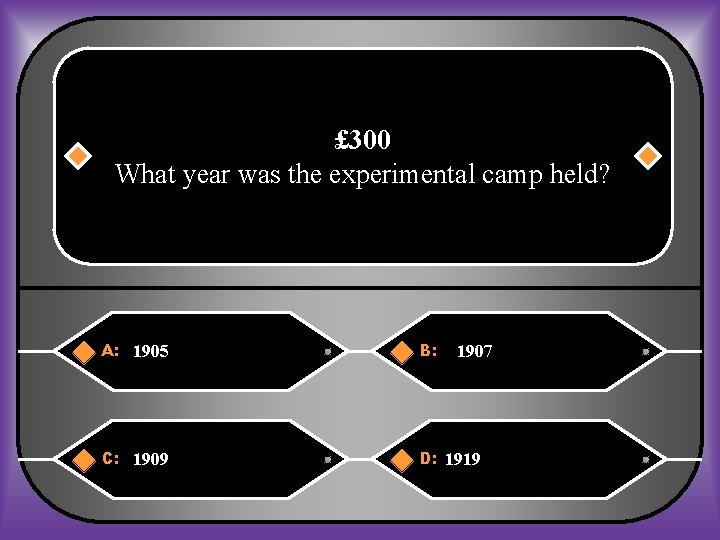 £ 300 What year was the experimental camp held? A: 1905 B: C: 1909