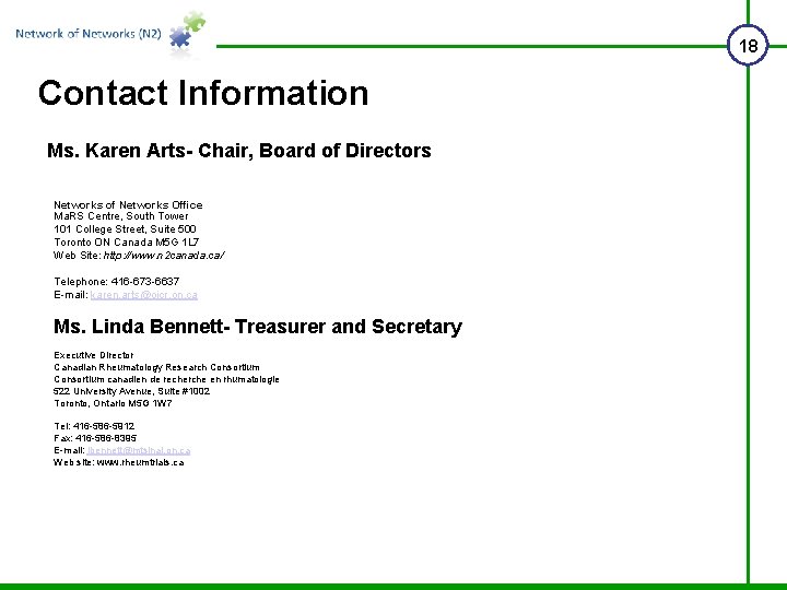 18 Contact Information Ms. Karen Arts- Chair, Board of Directors Networks of Networks Office