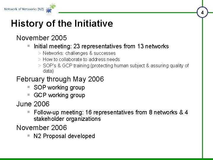 4 History of the Initiative November 2005 § Initial meeting: 23 representatives from 13