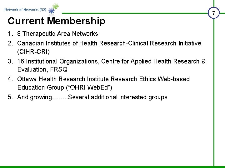 Current Membership 1. 8 Therapeutic Area Networks 2. Canadian Institutes of Health Research-Clinical Research