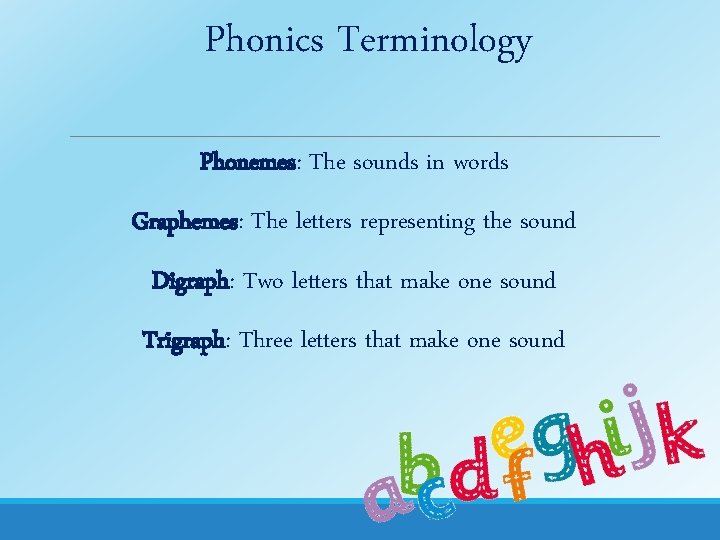 Phonics Terminology Phonemes: The sounds in words Graphemes: The letters representing the sound Digraph: