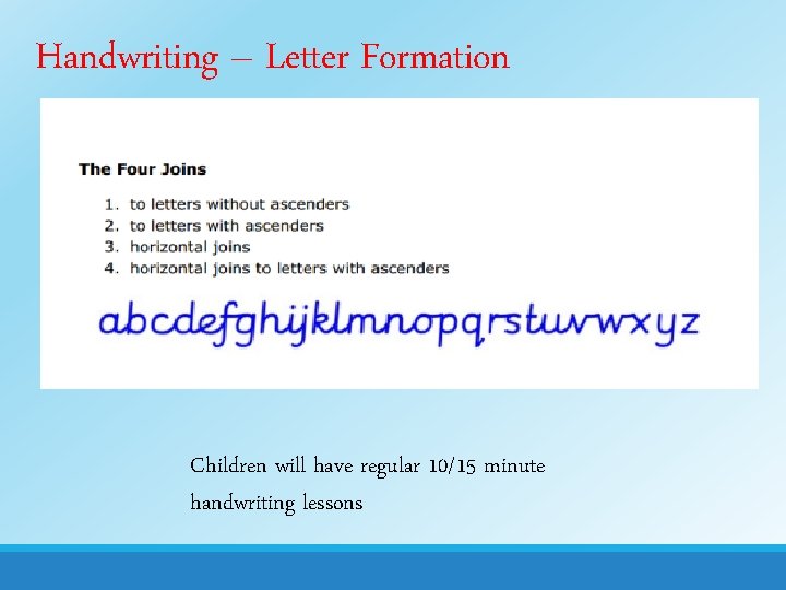 Handwriting – Letter Formation Children will have regular 10/15 minute handwriting lessons 