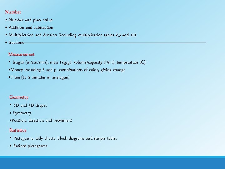 Number • Number and place value • Addition and subtraction • Multiplication and division