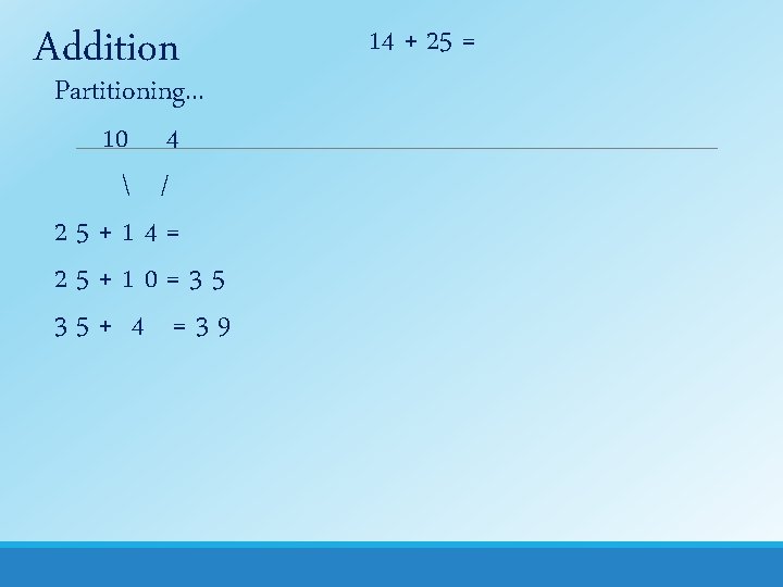 Addition Partitioning. . . 10 4  / 25+14= 25+10=35 35+ 4 =39 14