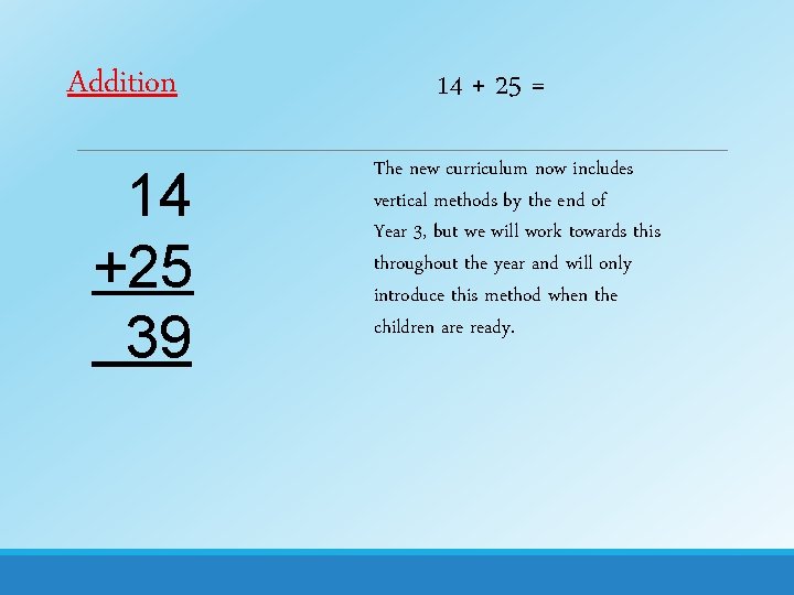 Addition 14 +25 39 14 + 25 = The new curriculum now includes vertical