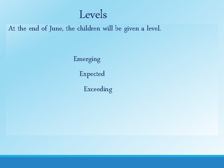 Levels At the end of June, the children will be given a level. Emerging