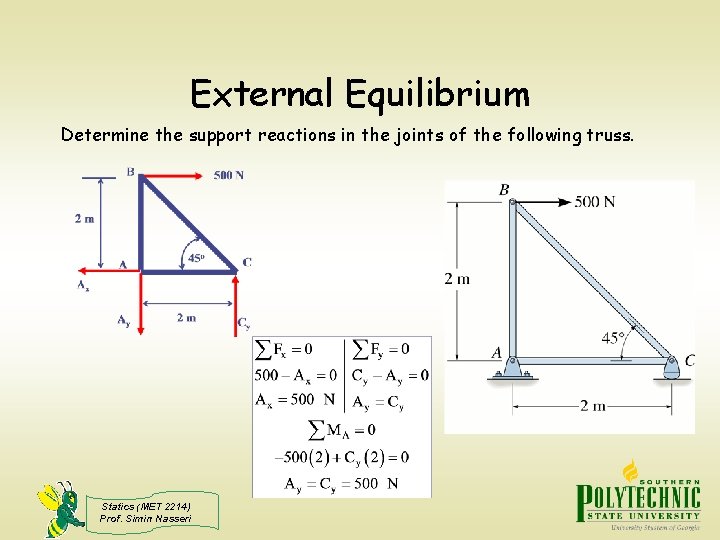 External Equilibrium Determine the support reactions in the joints of the following truss. Statics