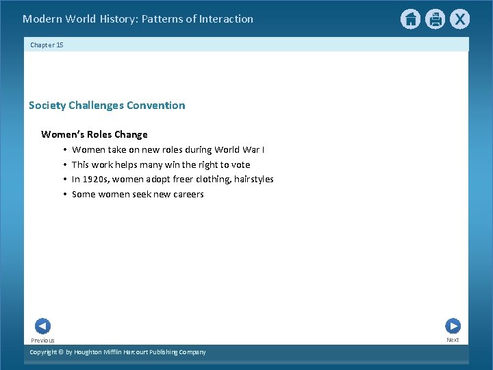  Modern World History: Patterns of Interaction Chapter 15 Society Challenges Convention Women’s Roles