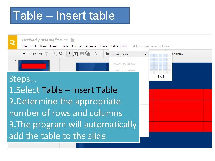 Table – Insert table Steps… 1. Select Table – Insert Table 2. Determine the