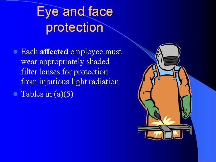 Eye and face protection Each affected employee must wear appropriately shaded filter lenses for