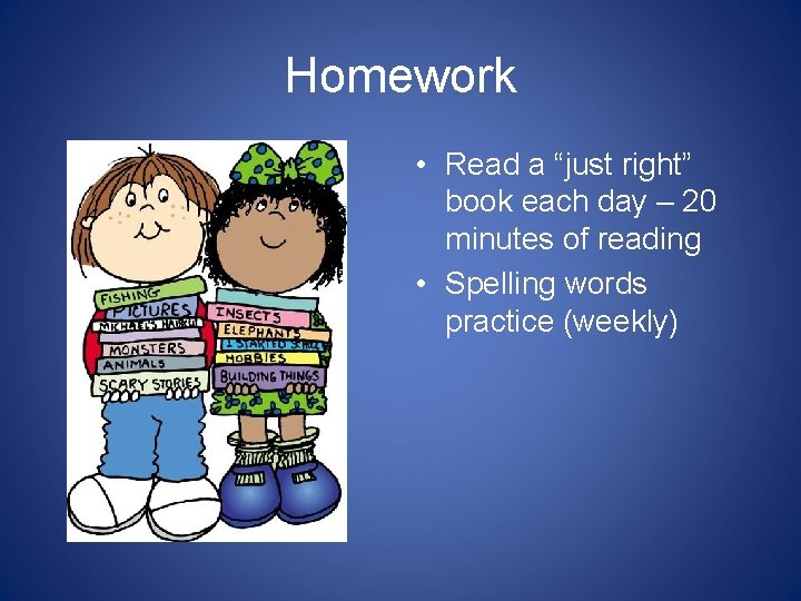 Homework • Read a “just right” book each day – 20 minutes of reading