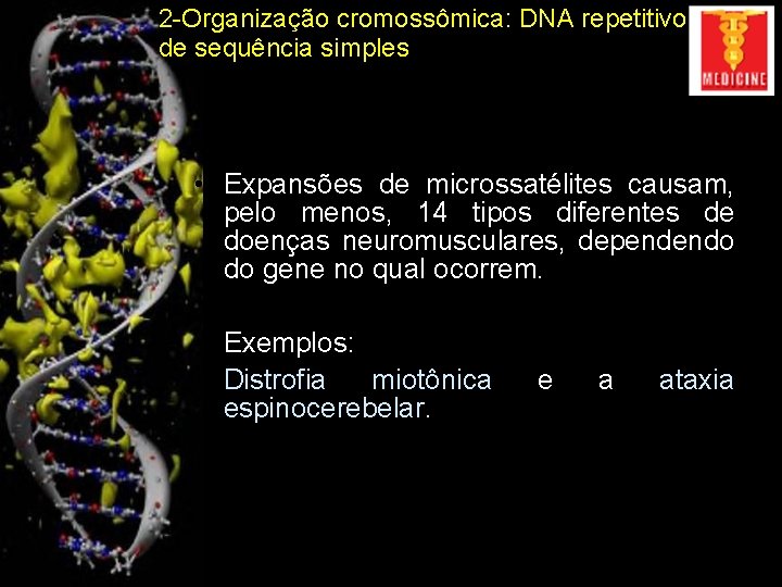 2 -Organização cromossômica: DNA repetitivo de sequência simples • Expansões de microssatélites causam, pelo