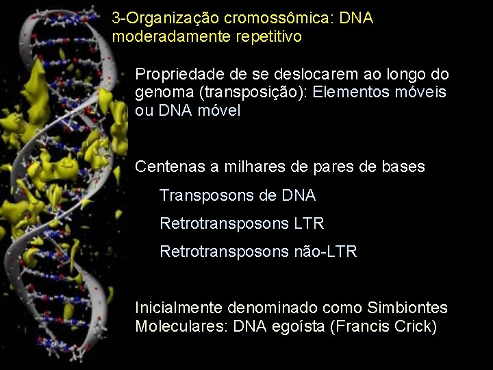 3 -Organização cromossômica: DNA moderadamente repetitivo Propriedade de se deslocarem ao longo do genoma