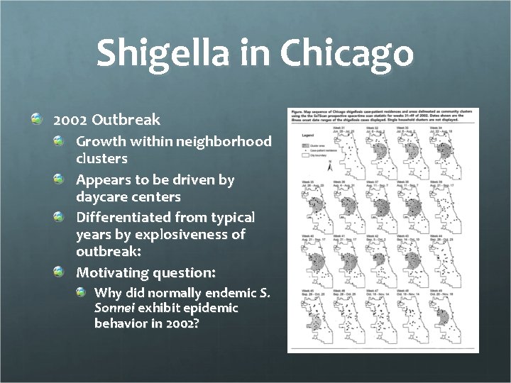 Shigella in Chicago 2002 Outbreak Growth within neighborhood clusters Appears to be driven by