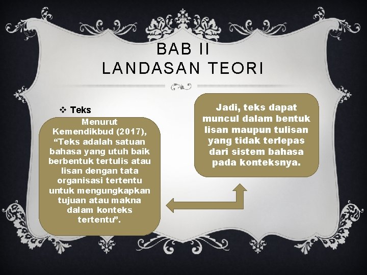 BAB II LANDASAN TEORI v Teks Menurut Kemendikbud (2017), “Teks adalah satuan bahasa yang