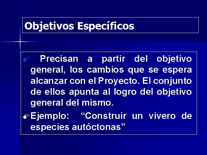 Objetivos Específicos Precisan a partir del objetivo general, los cambios que se espera alcanzar Objetivos Específicos Precisan a partir del objetivo general, los cambios que se espera alcanzar