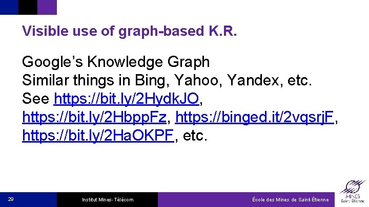 Visible use of graph-based K. R. Google’s Knowledge Graph Similar things in Bing, Yahoo,