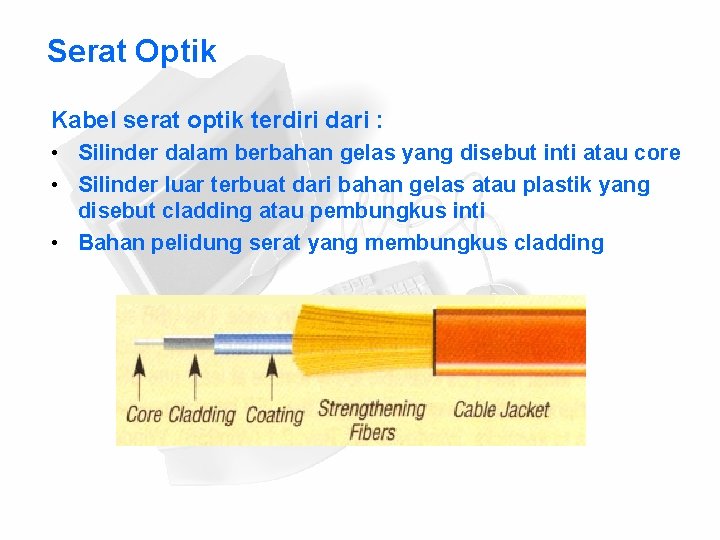 Serat Optik Kabel serat optik terdiri dari : • Silinder dalam berbahan gelas yang