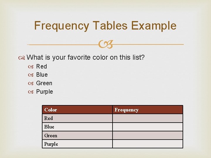 Frequency Tables Example What is your favorite color on this list? Red Blue Green