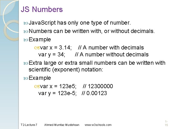 JS Numbers Java. Script has only one type of number. Numbers can be written