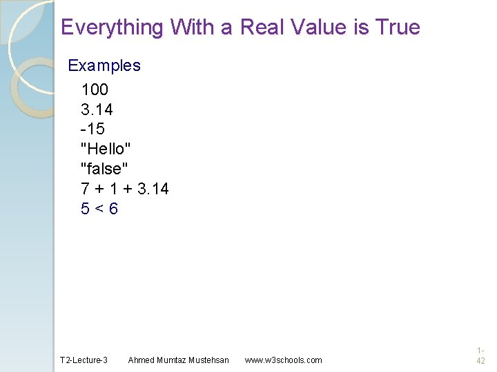 Everything With a Real Value is True Examples 100 3. 14 -15 "Hello" "false"