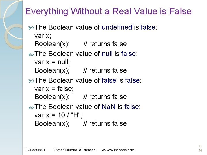 Everything Without a Real Value is False The Boolean value of undefined is false: