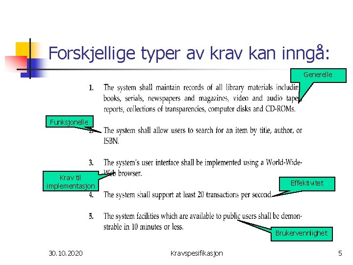 Forskjellige typer av krav kan inngå: Generelle Funksjonelle Krav til implementasjon Effektivitet Brukervennlighet 30.