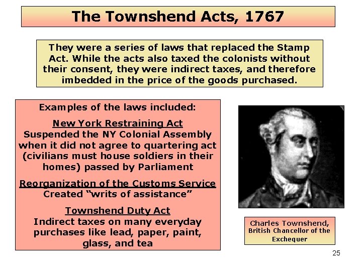 The Townshend Acts, 1767 They were a series of laws that replaced the Stamp