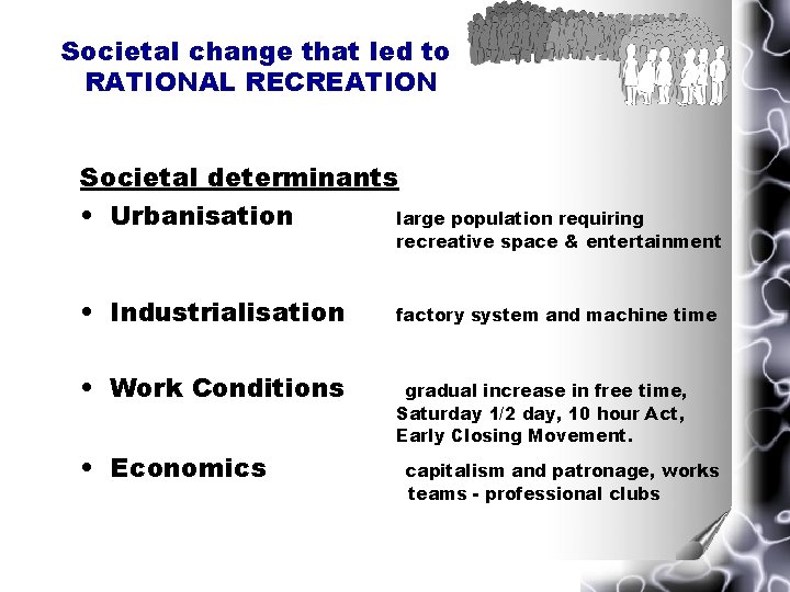 Societal change that led to RATIONAL RECREATION Societal determinants • Urbanisation large population requiring Societal change that led to RATIONAL RECREATION Societal determinants • Urbanisation large population requiring