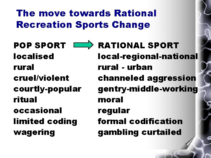 The move towards Rational Recreation Sports Change POP SPORT localised rural cruel/violent courtly-popular ritual The move towards Rational Recreation Sports Change POP SPORT localised rural cruel/violent courtly-popular ritual