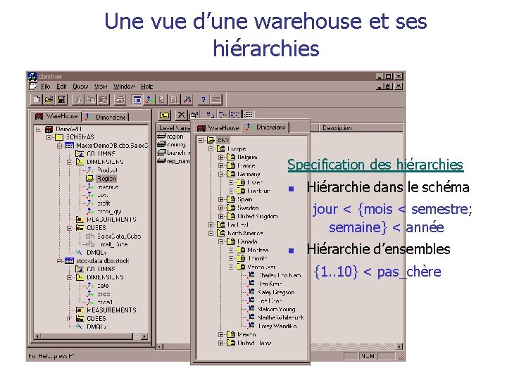 Une vue d’une warehouse et ses hiérarchies Specification des hiérarchies n Hiérarchie dans le