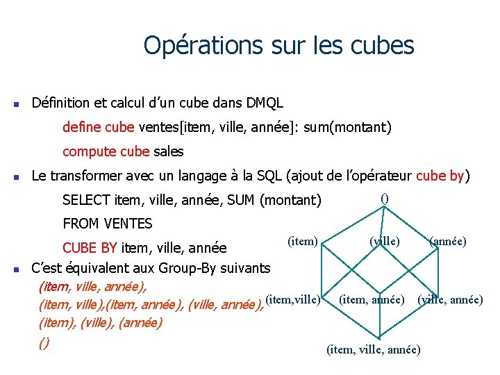 Opérations sur les cubes n Définition et calcul d’un cube dans DMQL define cube