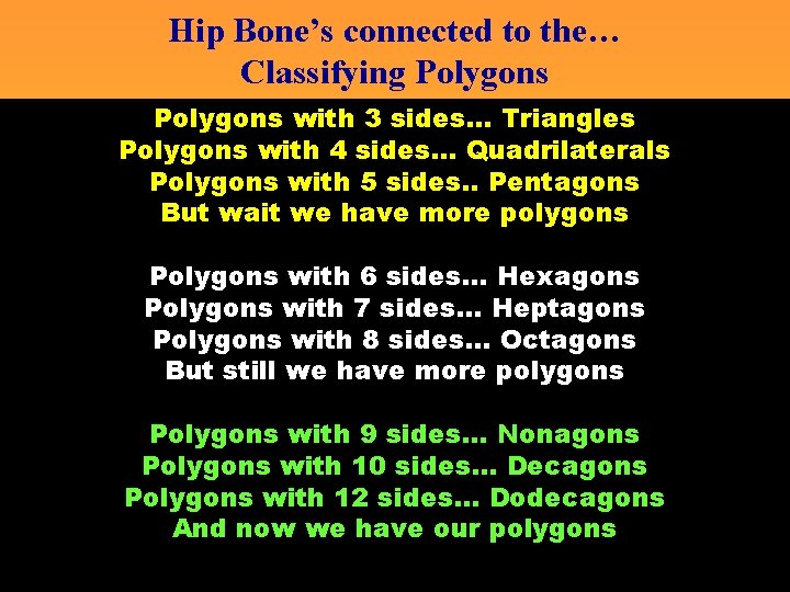 Hip Bone’s connected to the… Classifying Polygons with 3 sides… Triangles Polygons with 4