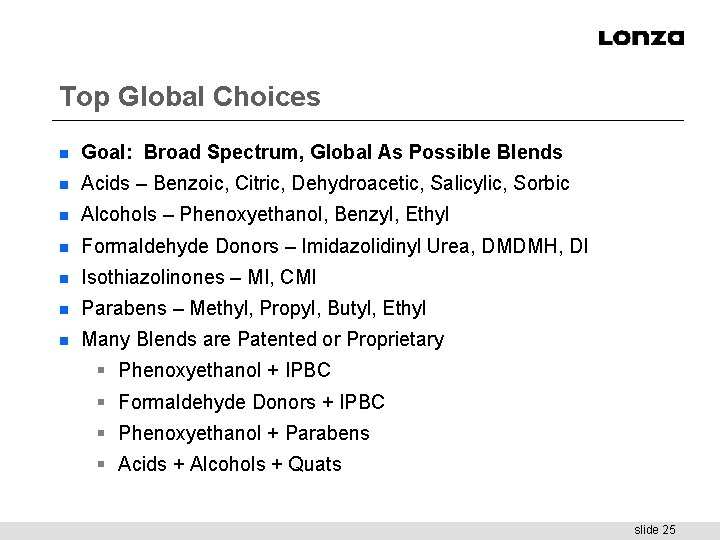 Top Global Choices n Goal: Broad Spectrum, Global As Possible Blends n Acids –
