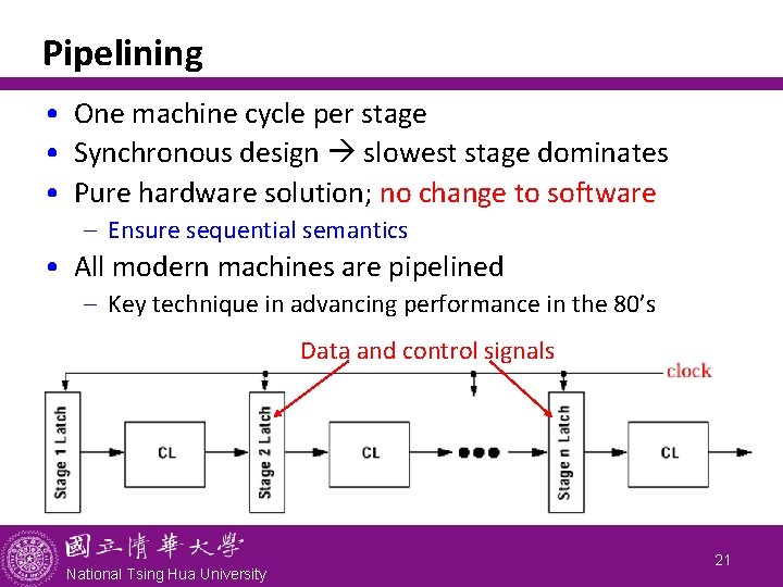 Pipelining • One machine cycle per stage • Synchronous design slowest stage dominates •