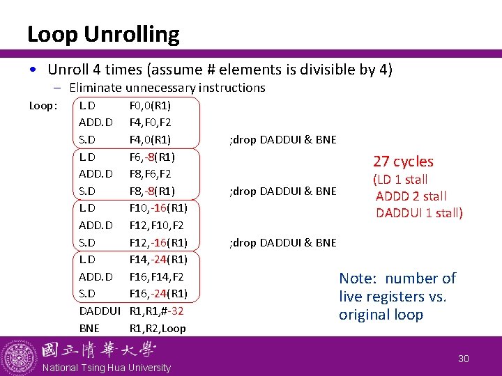 Loop Unrolling • Unroll 4 times (assume # elements is divisible by 4) -