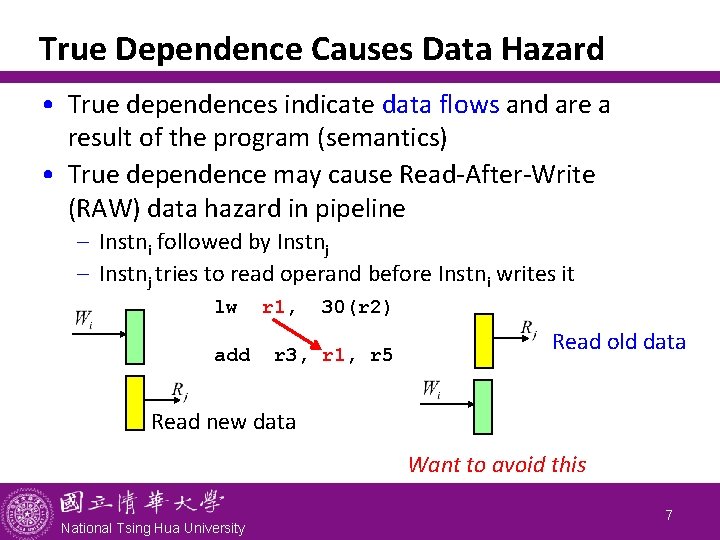 True Dependence Causes Data Hazard • True dependences indicate data flows and are a