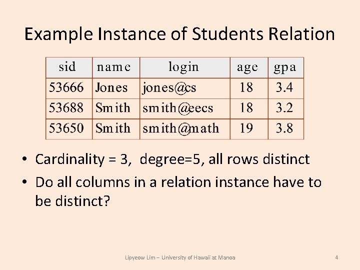 Example Instance of Students Relation • Cardinality = 3, degree=5, all rows distinct • Example Instance of Students Relation • Cardinality = 3, degree=5, all rows distinct •