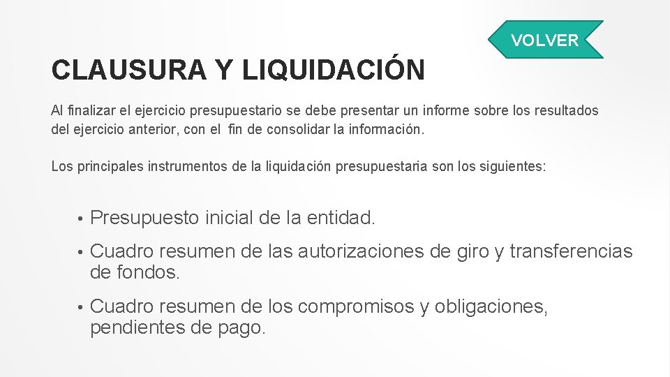 VOLVER CLAUSURA Y LIQUIDACIÓN Al finalizar el ejercicio presupuestario se debe presentar un informe VOLVER CLAUSURA Y LIQUIDACIÓN Al finalizar el ejercicio presupuestario se debe presentar un informe