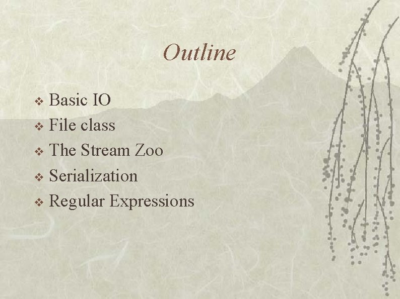 Outline Basic IO v File class v The Stream Zoo v Serialization v Regular