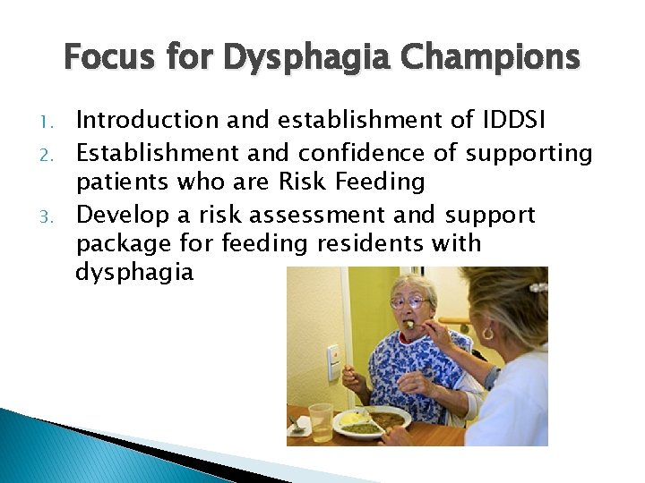 Focus for Dysphagia Champions 1. 2. 3. Introduction and establishment of IDDSI Establishment and