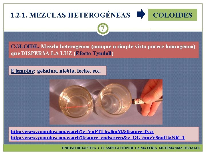 1. 2. 1. MEZCLAS HETEROGÉNEAS COLOIDES 7 COLOIDE. Mezcla heterogénea (aunque a simple vista