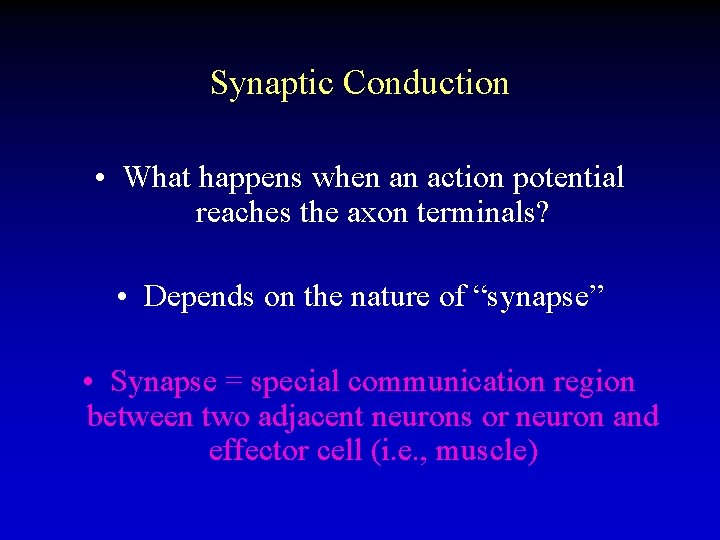 Synaptic Conduction • What happens when an action potential reaches the axon terminals? •